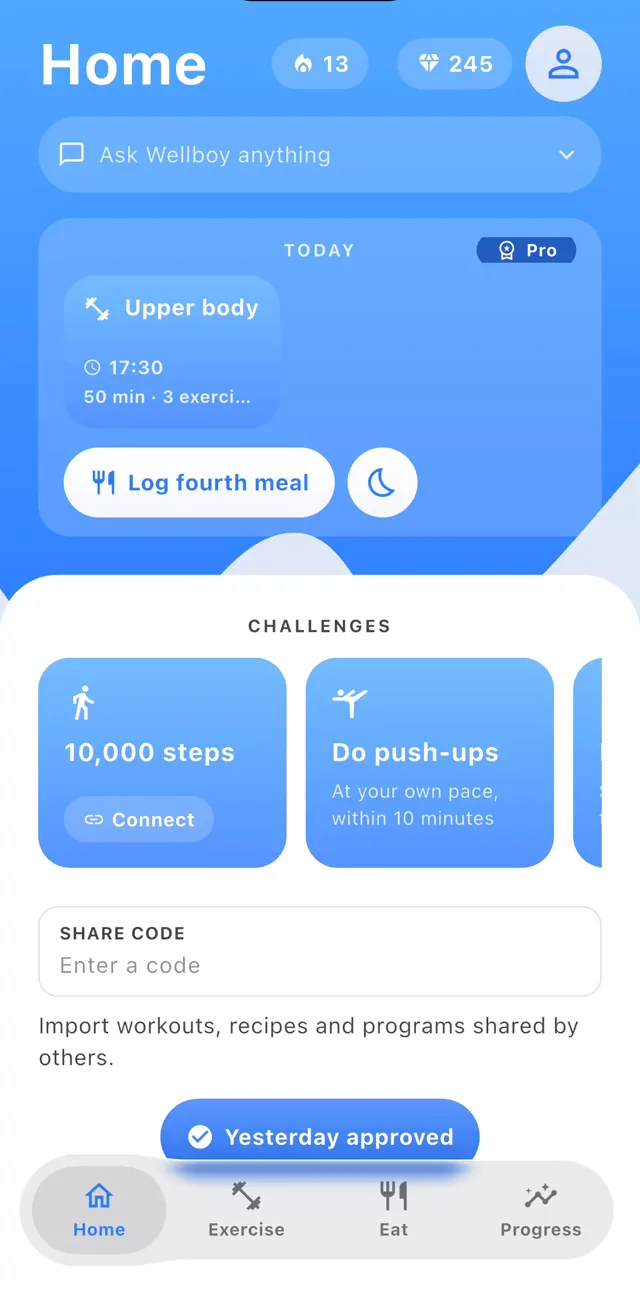 Screen recording of the Wellboy app: browsing the Home, Exercise, Eat and Progress tabs, logged meals and hydration, analytics charts, profile, shop and stash