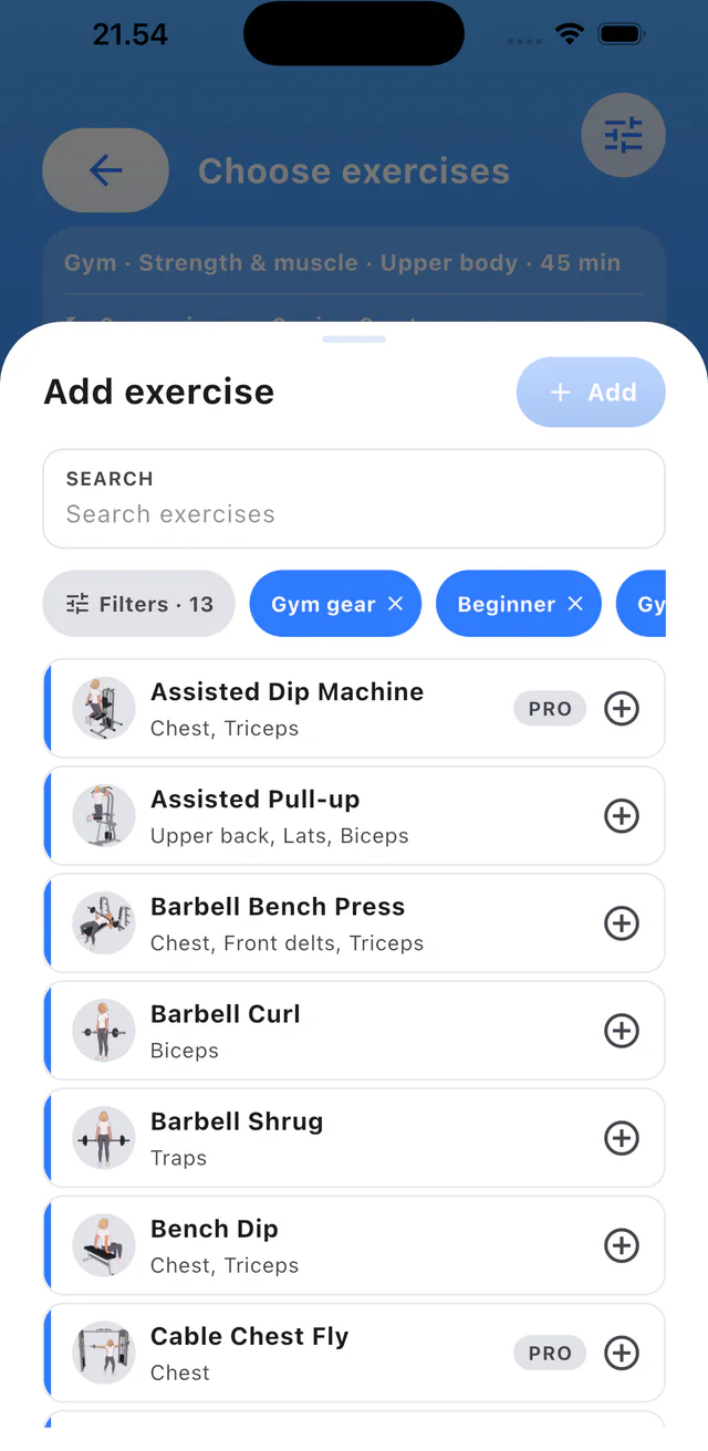 Step 4: Search and add exercises with the plus buttons.