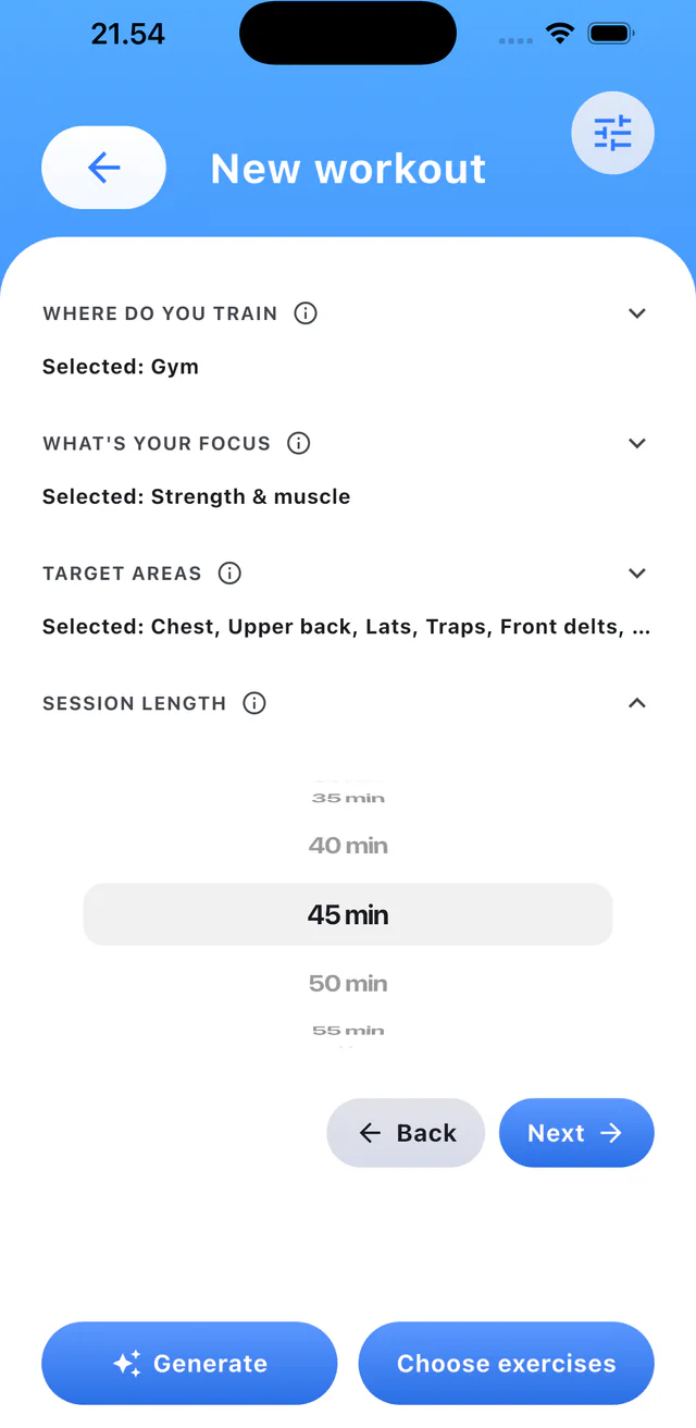 Step 2: Set the workout details and tap Choose exercises.