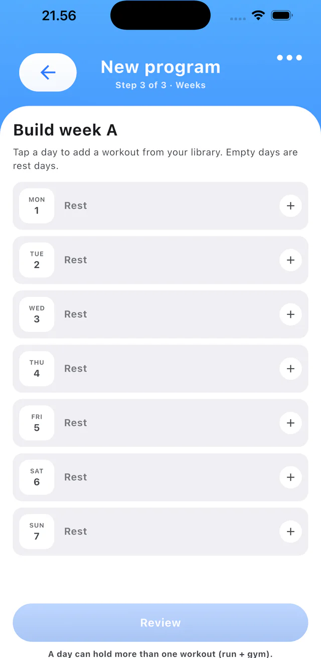 Step 4: Add workouts to days and review the program.