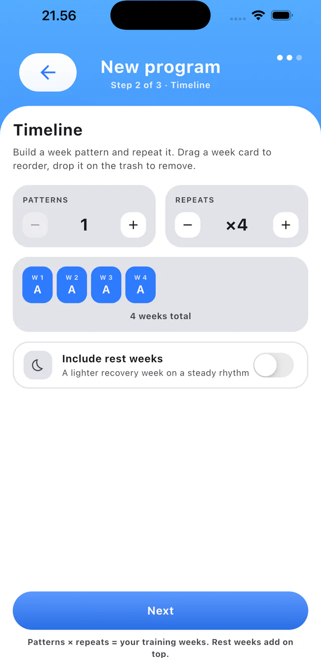 Step 3: Set the timeline and swipe week cards to reorder them.